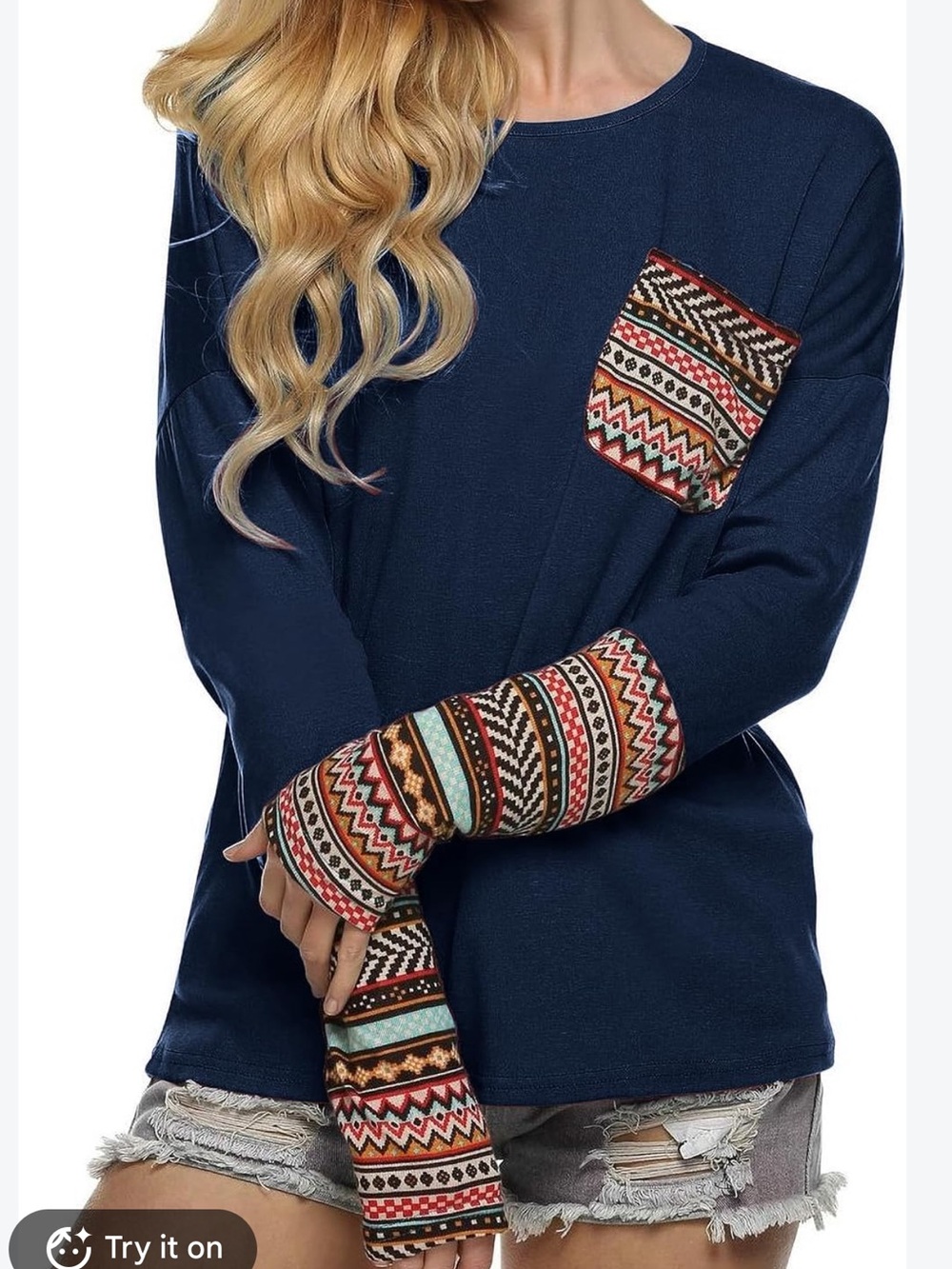 POGTMM PatchWork Print Knit Long Sleeve Tunic Top Women’s Size Large